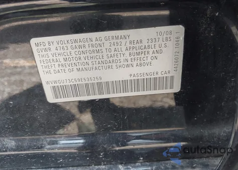 2009 Volkswagen Cc Vr6 from USA, damaged, VIN WVWGU73C59E535259